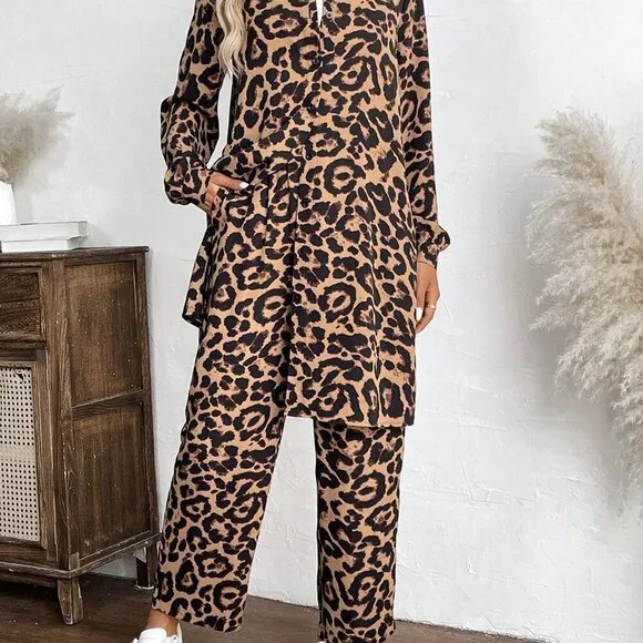 Multicolor Casual Women's Loose Fit Leopard Print Blouse & Pants Set - Picture 5 of 6